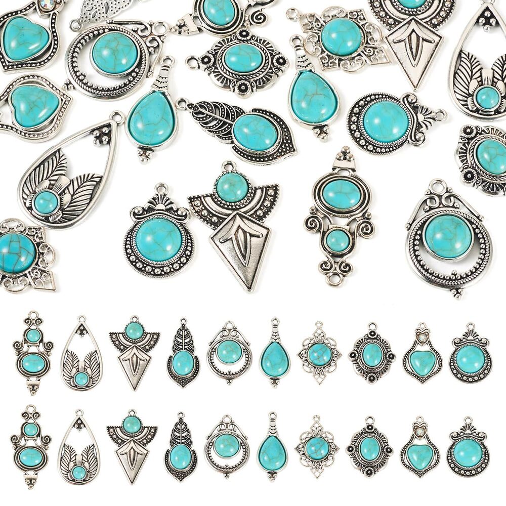 7778 Pandahall 20Pcs Turquoise Charms Tibetan Style Alloy Antique Silver
